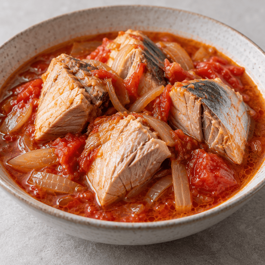 Large chunks of pale bonito, some edged with silvery skin, sit in a glossy reddish broth with visible pieces of tomato and onion, served in a shallow bowl.