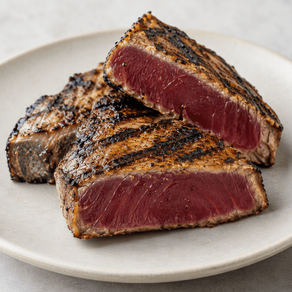 Thick skin-on bonito pieces with deep reddish flesh, browned edges, dark charred grill marks and a lightly crisped surface, arranged on a simple plate.