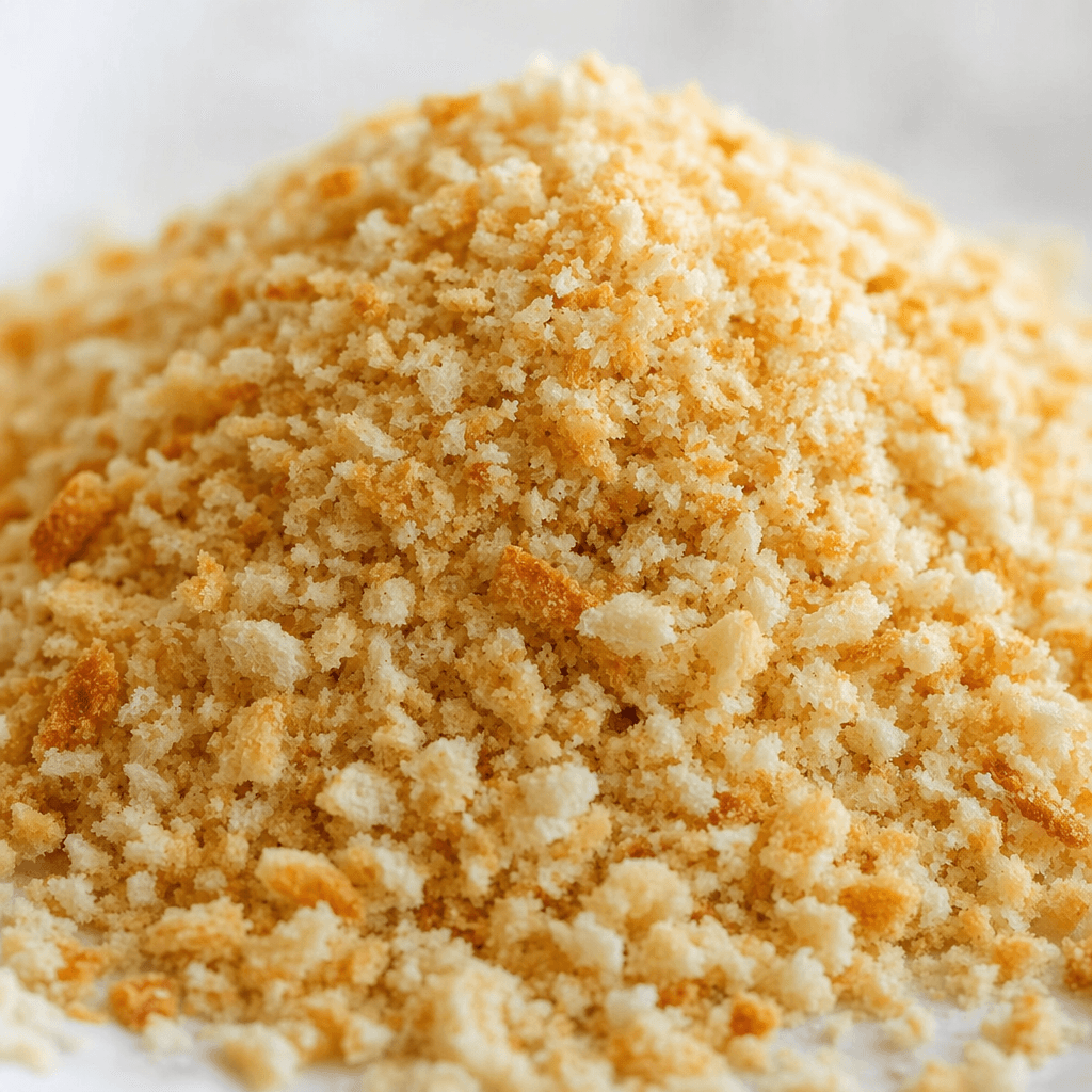 A mound of dry, irregular bread crumbs in pale beige and light golden-brown shades, with a loose, coarse-grained texture.