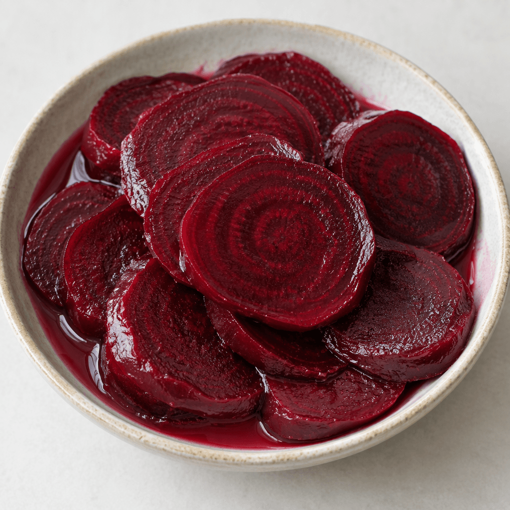 Glossy deep burgundy beetroot slices with darker concentric rings, smooth moist surfaces, and slightly translucent edges, arranged in a shallow dish with a small amount of reddish brine.