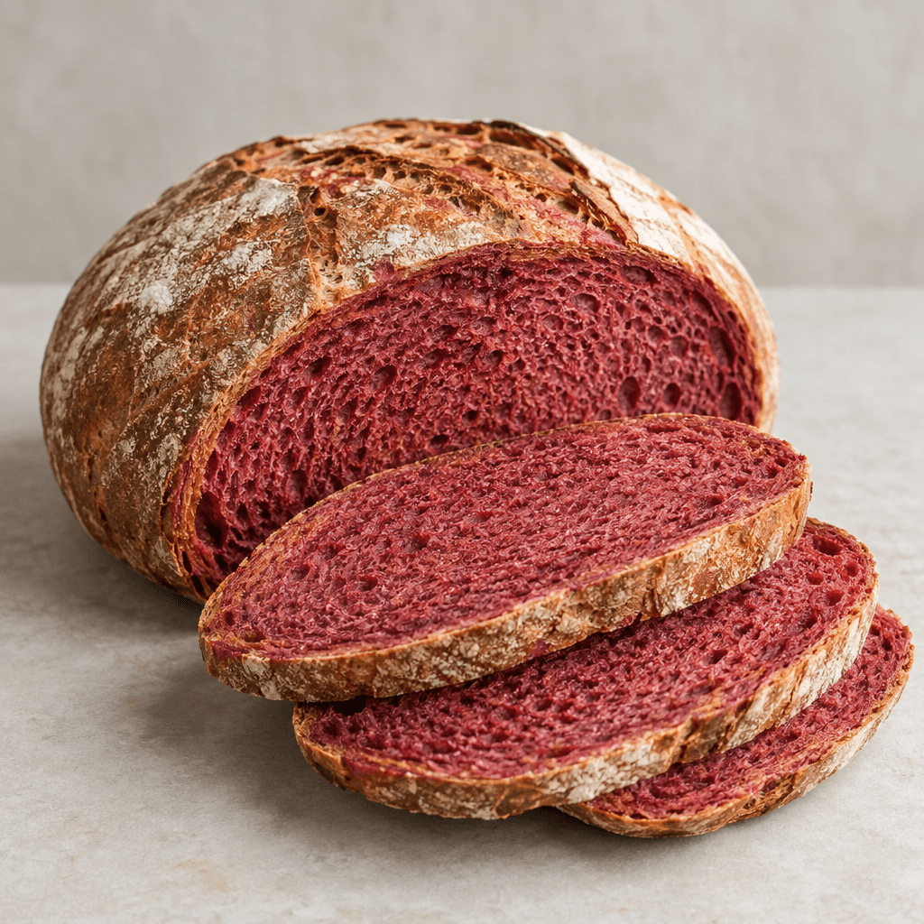A rustic loaf of bread with a deep rosy-red, finely textured crumb and a lightly browned crust, shown whole beside a few slices that reveal the vivid interior.
