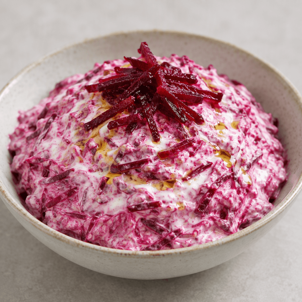 A mound of finely grated deep ruby-red beetroot mixed with thick white yogurt, creating a marbled pink-and-white salad with small beetroot strands visible, served in a shallow bowl and topped with a few beetroot shreds and a light drizzle of oil.