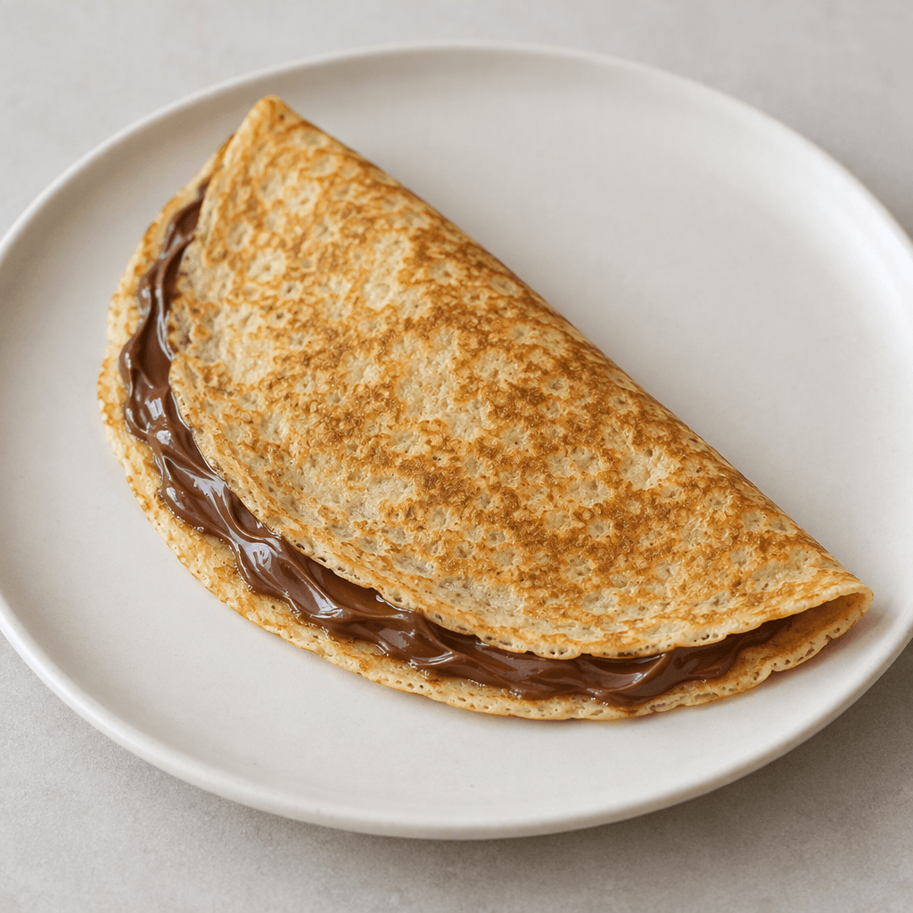 A thin, round golden-brown pancake is folded into a half-moon and spread with glossy dark-brown chocolate-hazelnut cream, with a small amount visible along the folded edge on a plain plate.