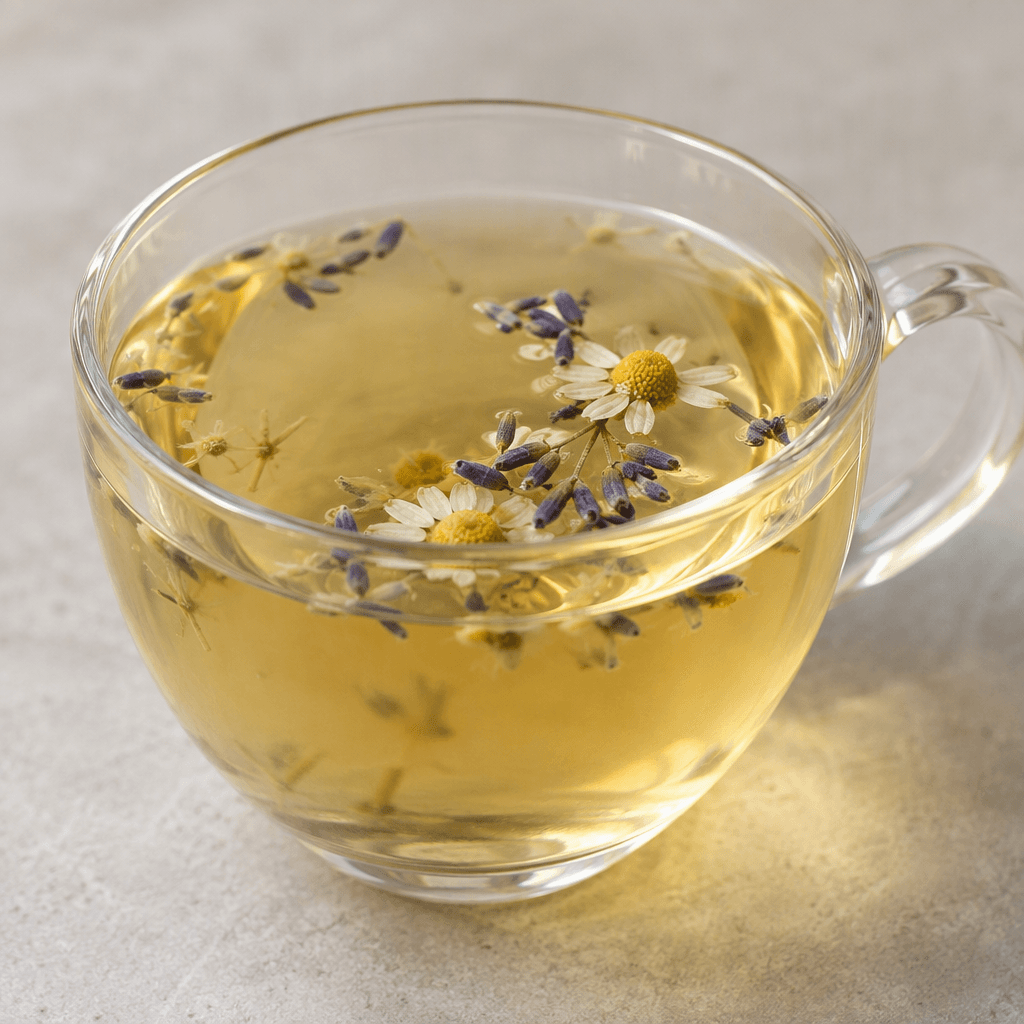 A clear, pale golden tea is served in a cup, with a few tiny purple lavender buds and small white chamomile petals visible in the infusion.