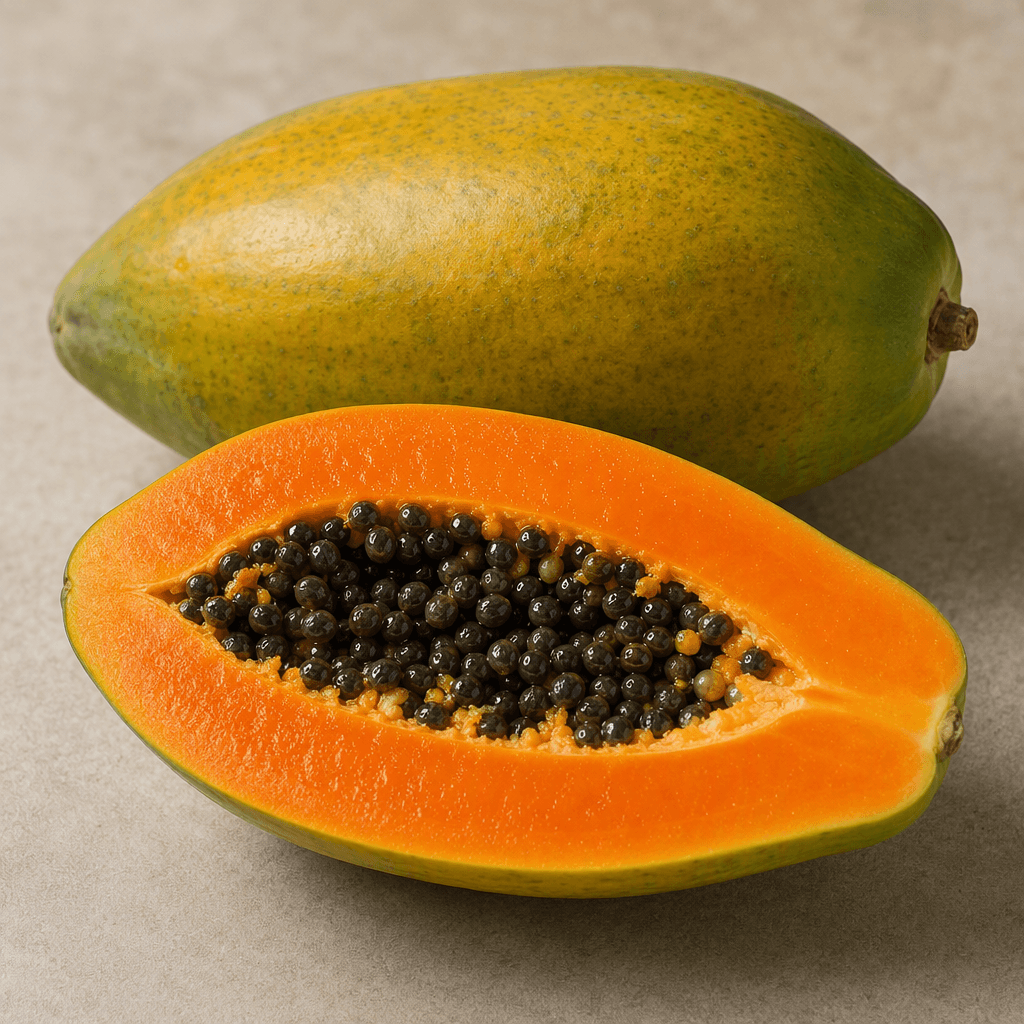 A whole papaya with smooth, slightly glossy green-yellow skin, elongated oval shape, and a gently tapered end, shown beside a lengthwise-cut half revealing vivid orange flesh and a central cavity filled with numerous small round black seeds.