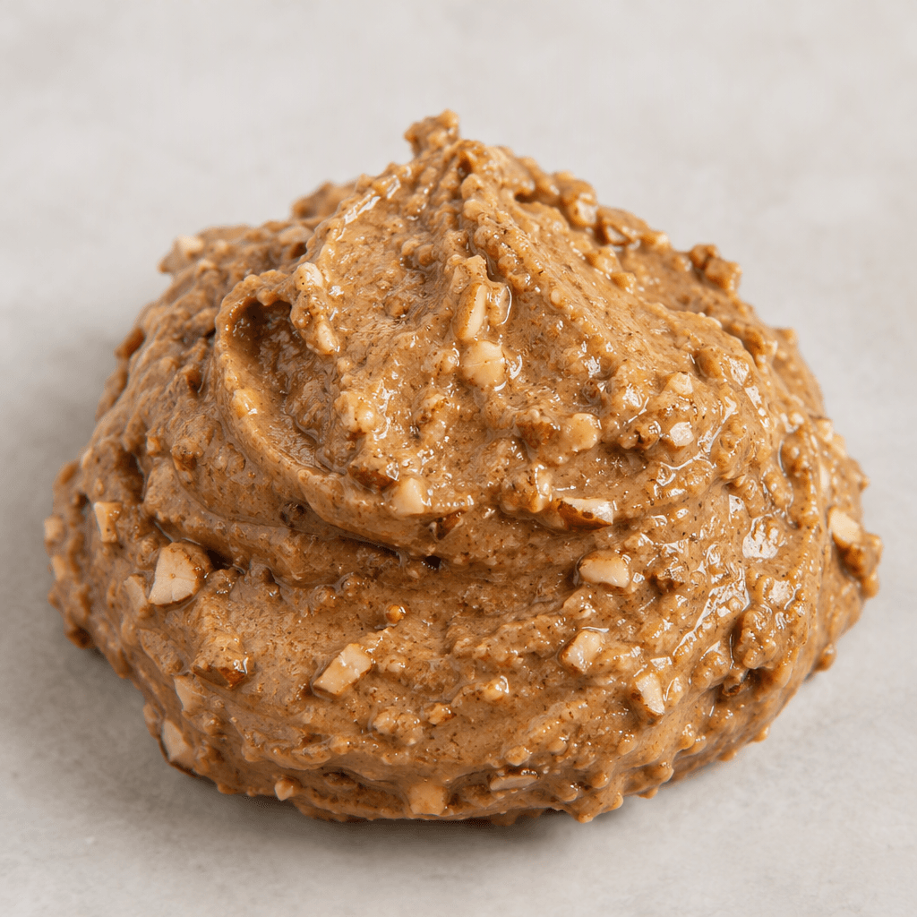 A thick, tan-brown almond spread with small, irregular almond pieces throughout, sitting in a soft mound with a slightly glossy surface.