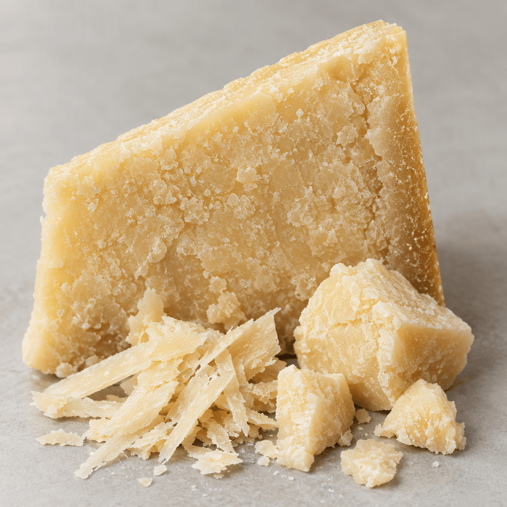 A pale straw-yellow, hard cheese wedge with a dry, grainy, crumbly surface, shown beside a few coarse shavings and small irregular chunks.