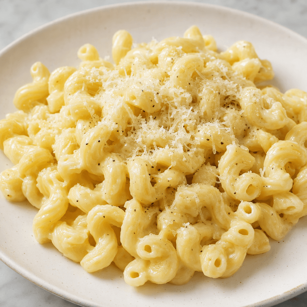 Kıvrımlı makarnalar parlak, açık sarı peynir sosuyla kaplanmış ve sade bir tabakta üzerlerine ince rendelenmiş Parmesan serpilmiştir.