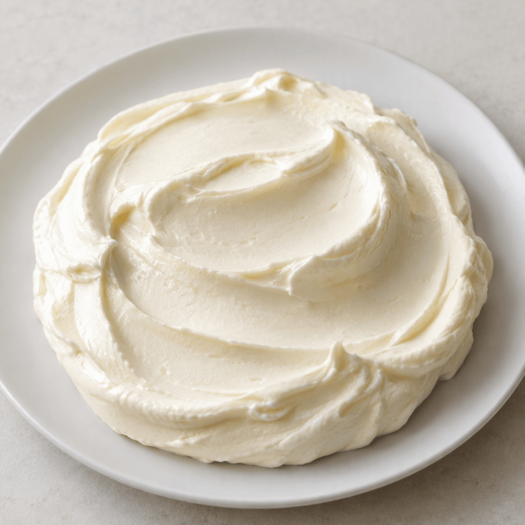 A thick, smooth, pale-white cake cream with a glossy surface, spread into soft ridges and swirls on a plain plate.
