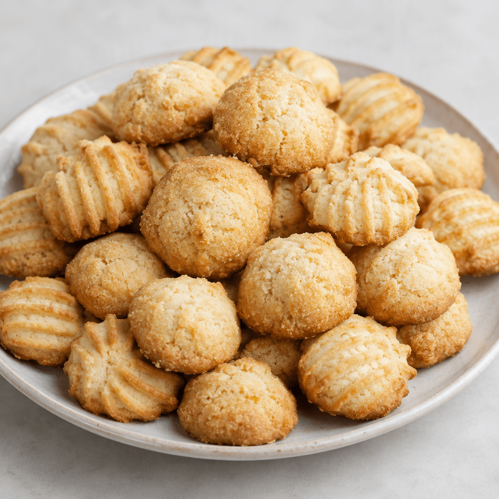 An assortment of small bakery cookies arranged on a serving tray, with round and lightly ridged shapes, golden-brown edges, pale centers, and a crumbly, slightly uneven surface.