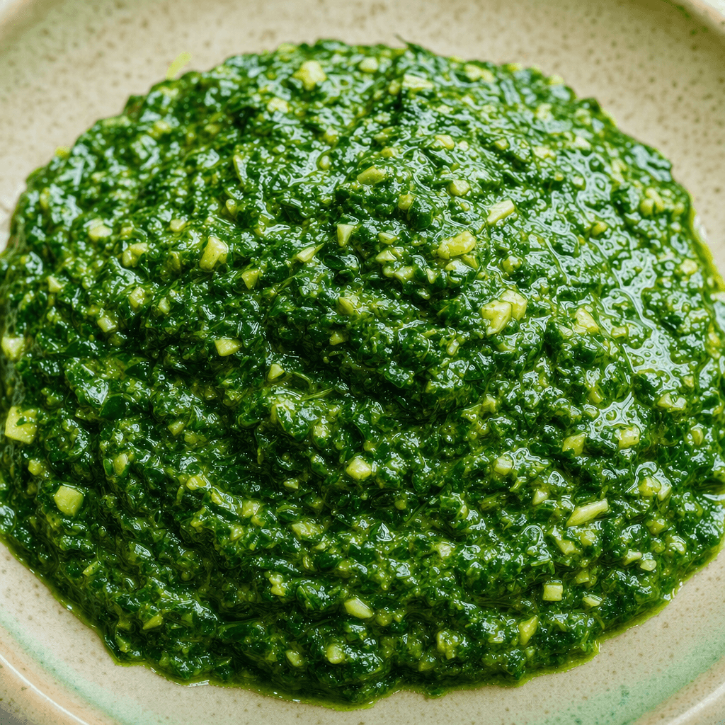 A thick, glossy green sauce with finely chopped leafy herbs and small pale flecks, gathered in a shallow mound with a little oil glistening on the surface.