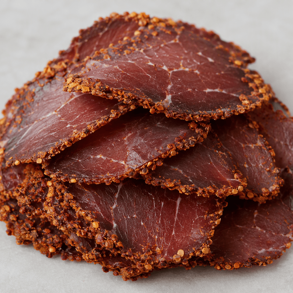 Thin, overlapping slices of deep reddish-brown cured beef with a dense, slightly glossy texture and a visible rust-red coating of crushed spices along the edges.