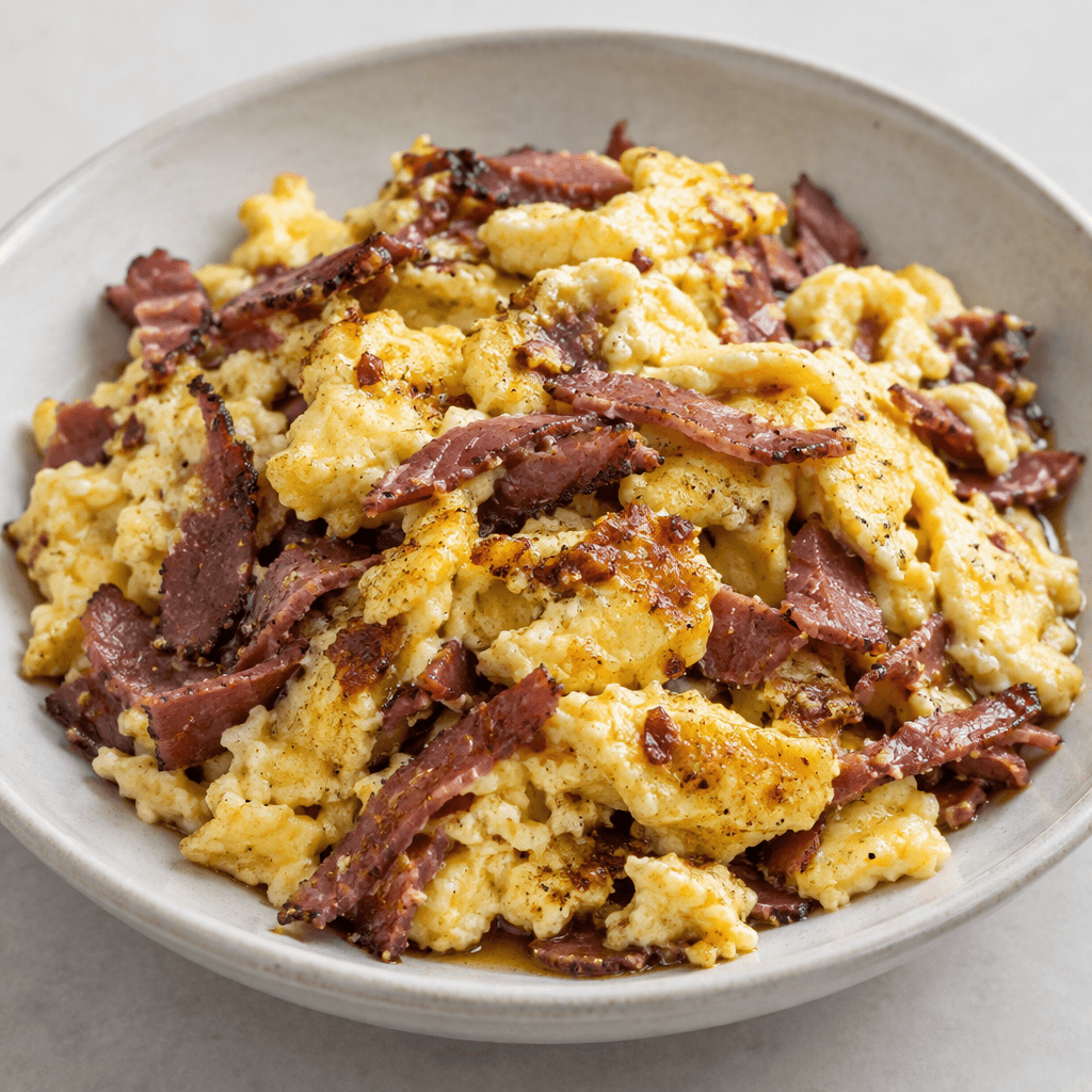 Soft yellow scrambled eggs are mixed with thin, reddish-brown strips of pastrami and served in a shallow dish, with browned edges and a few glossy patches of oil visible on the surface.