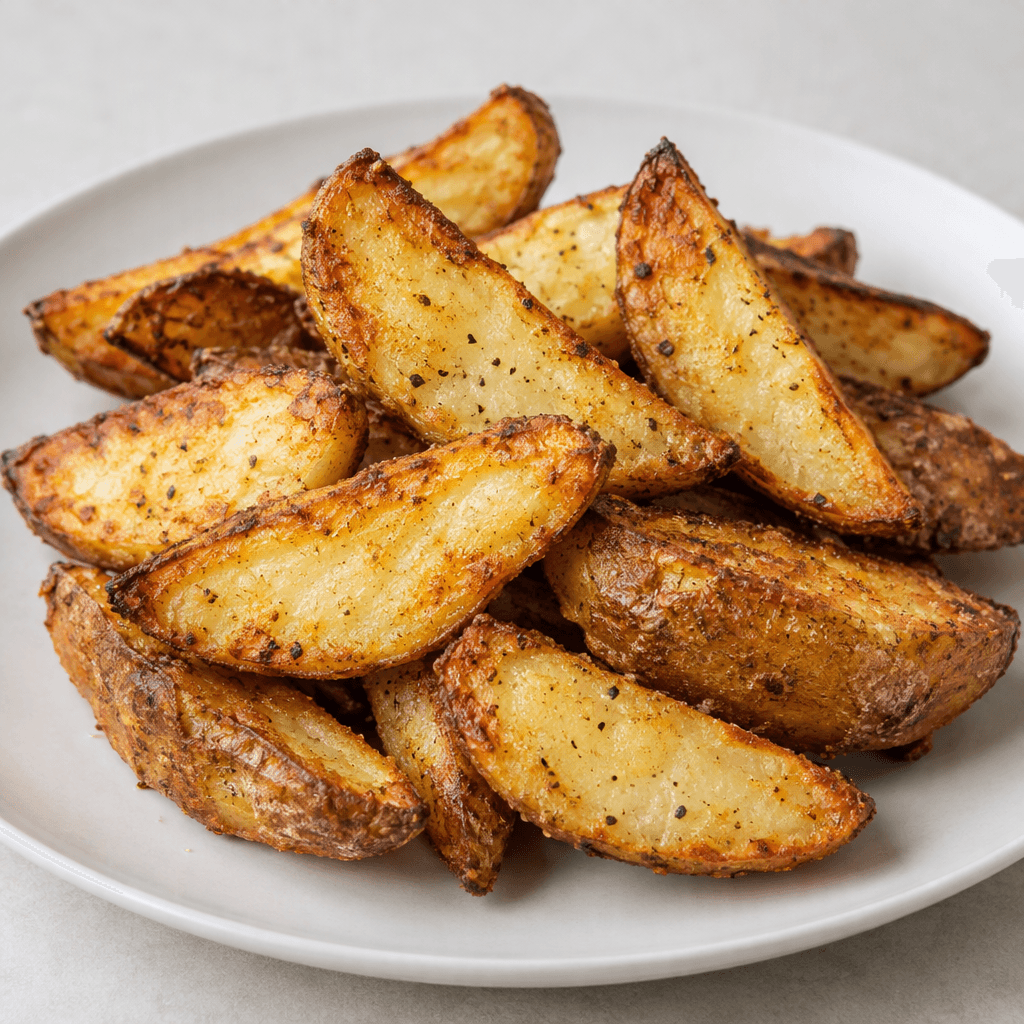 Golden-brown potato wedges with crisp, deeply browned edges and pale, fluffy-looking centers are piled on a plain plate.