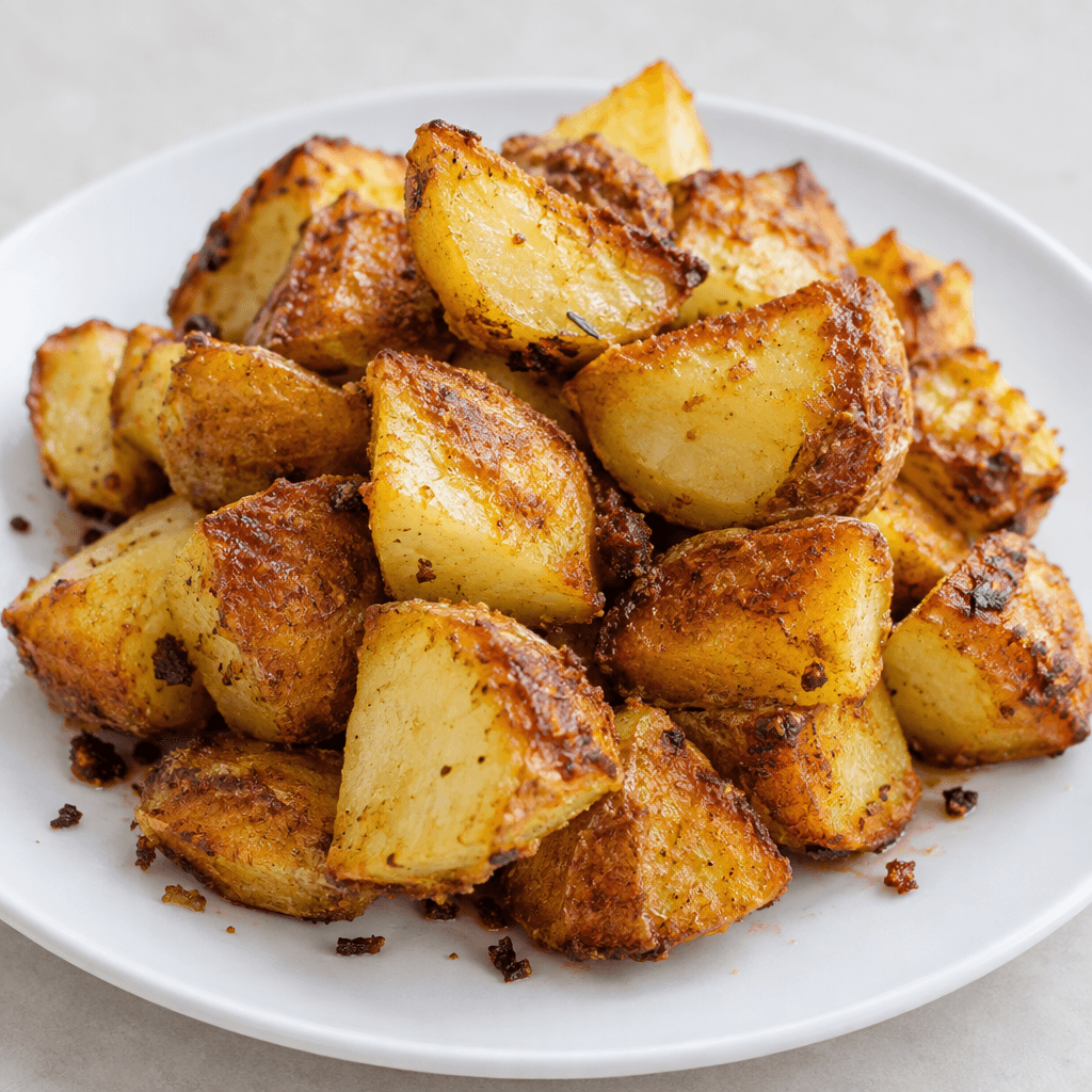 A plate piled with irregular golden-brown potato pieces, showing crisp darker edges and pale yellow cut surfaces, with a lightly oily sheen and a few scattered browned crumbs.