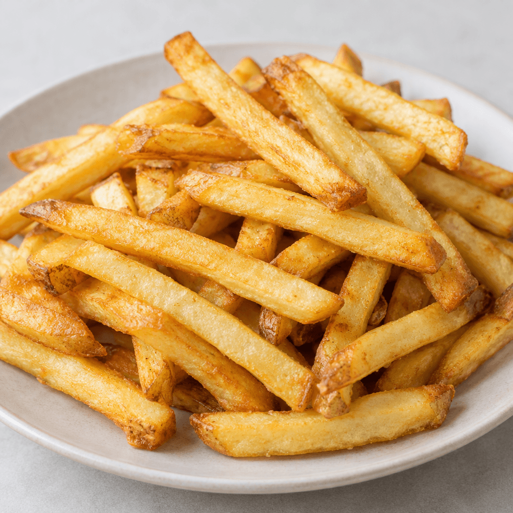 A pile of straight-cut potato fries with crisp, lightly blistered golden-brown edges and pale yellow centers, served in a casual heap on a plate.