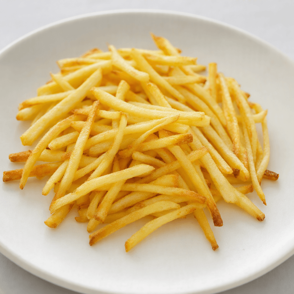 A small serving of slender, golden-yellow potato sticks with lightly browned edges and a mostly matte, dry-looking surface, loosely arranged on a plain plate.