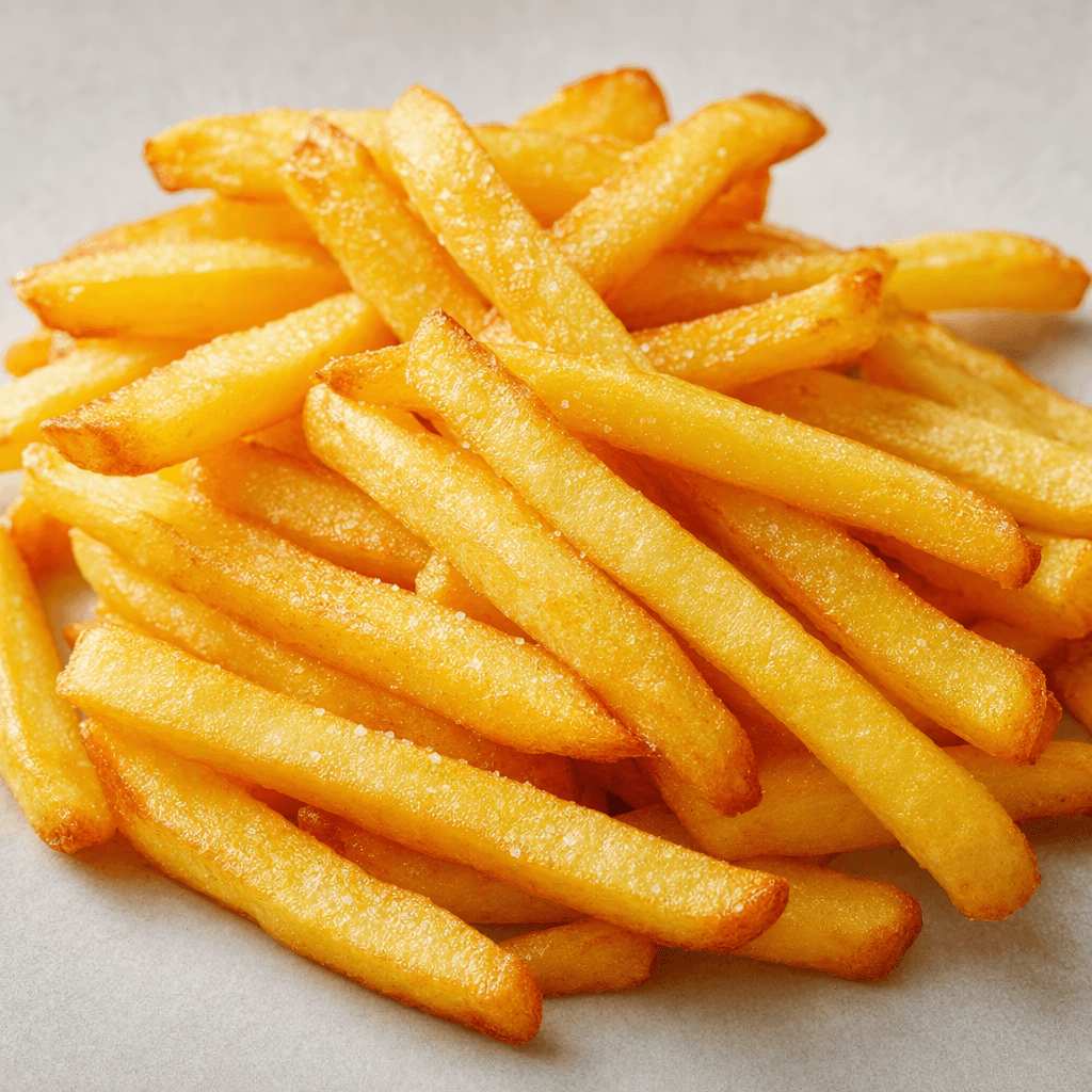 A small pile of straight, golden-yellow potato sticks with lightly browned tips and crisp-looking edges, dusted with a few visible grains of salt.