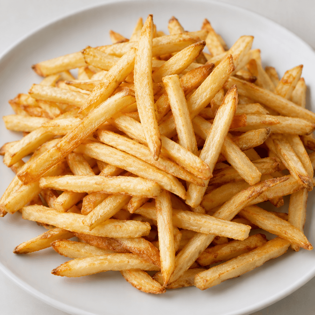 A heap of slender, straight-cut potato sticks with pale golden surfaces, lightly browned edges, and a dry, crisp-looking texture, served on a plain plate.