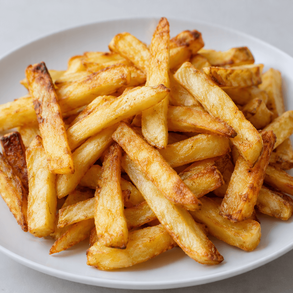 Golden-yellow potato sticks with lightly browned, crisp-looking edges and soft pale interiors, loosely piled on a plain plate with a few darker toasted spots visible.