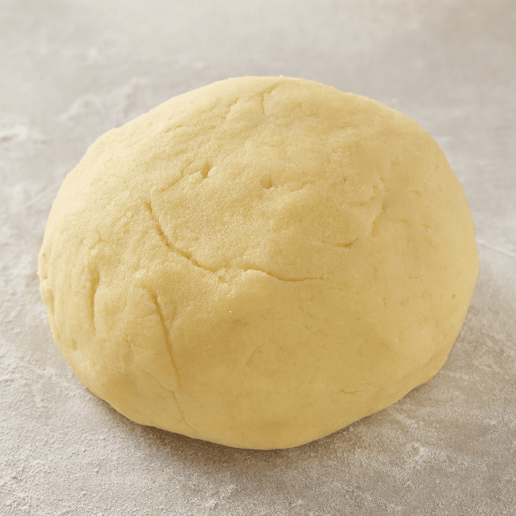 A mound of pale cream-colored potato dumpling dough sits on a lightly floured surface, with a soft, smooth texture and a few faint creases.