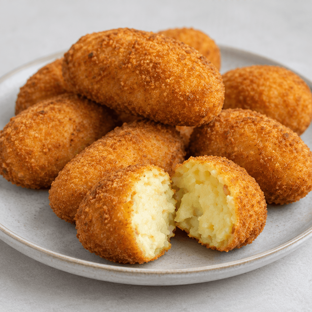 Tabakta dizilmiş, dışı gevrek ve eşit biçimde altın kahverenginde galeta unuyla kaplı oval, parmak biçimli patates kroketlerinden biri kesilmiş ve içindeki yumuşak, açık sarı patates püresi görülüyor.