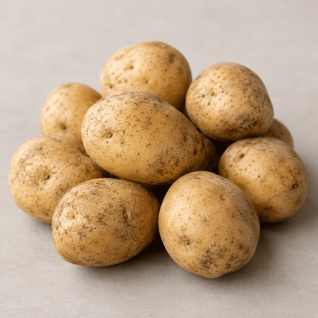 Several small, round to oval potatoes with thin light-brown skins, tiny eyes, and a slightly dusty, uneven surface, arranged together on a plain surface.