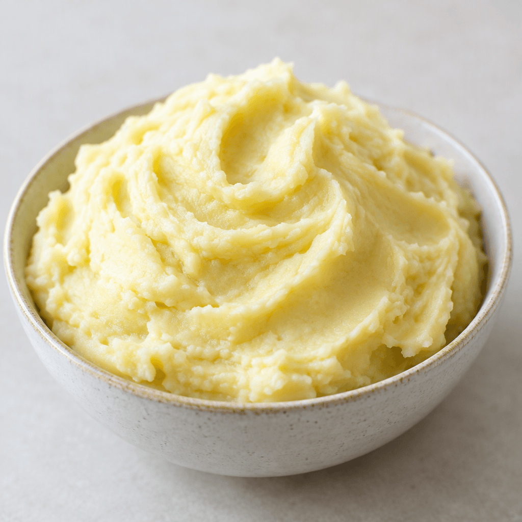 A mound of pale creamy-yellow mashed potatoes with a smooth, thick, slightly ridged texture, served in a bowl or on a plate with soft peaks and shallow spoon marks visible on the surface.