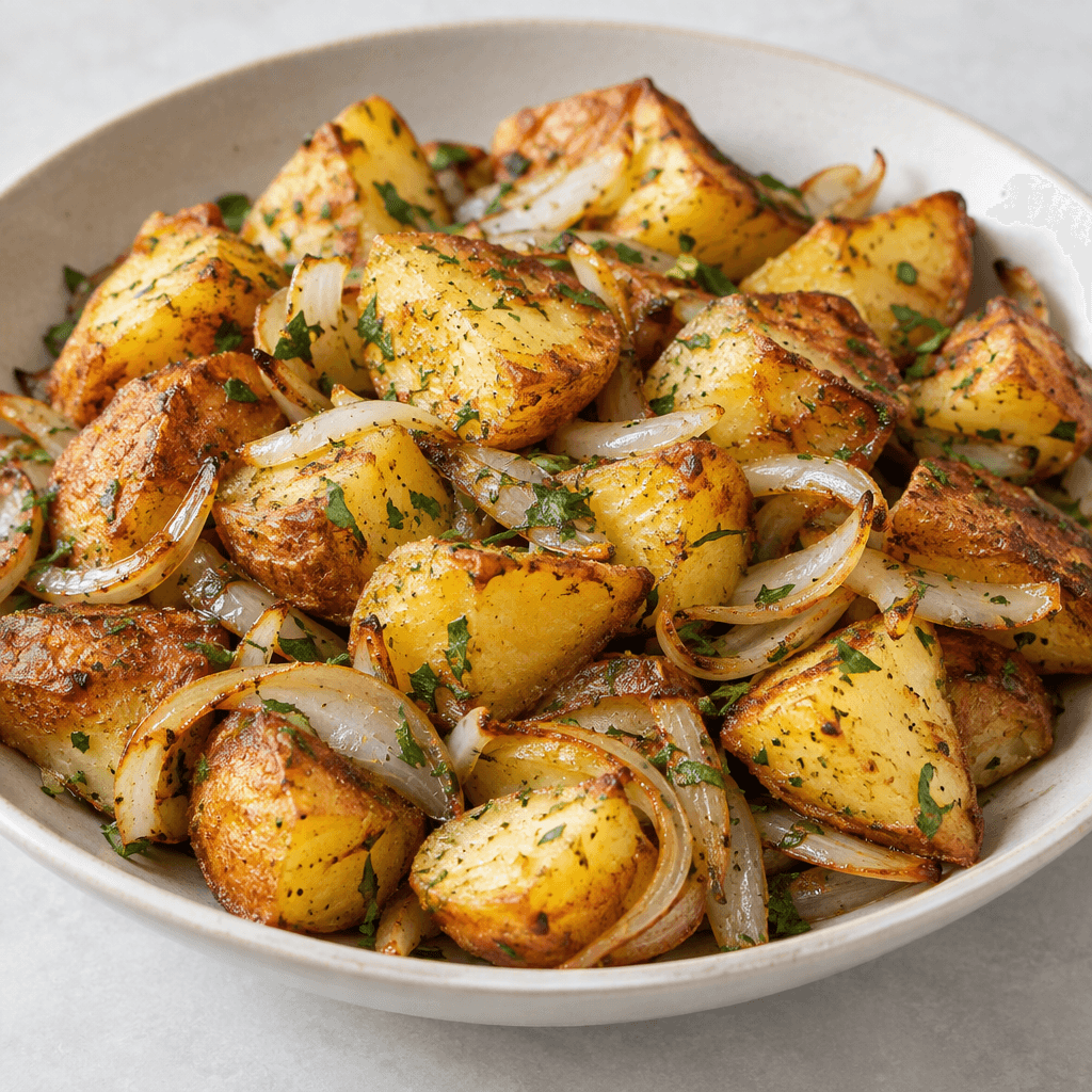Golden-brown potato pieces with crisp, caramelized edges and soft, pale-yellow centers, mixed with lightly browned onion slices and scattered green herbs, served in a shallow dish.