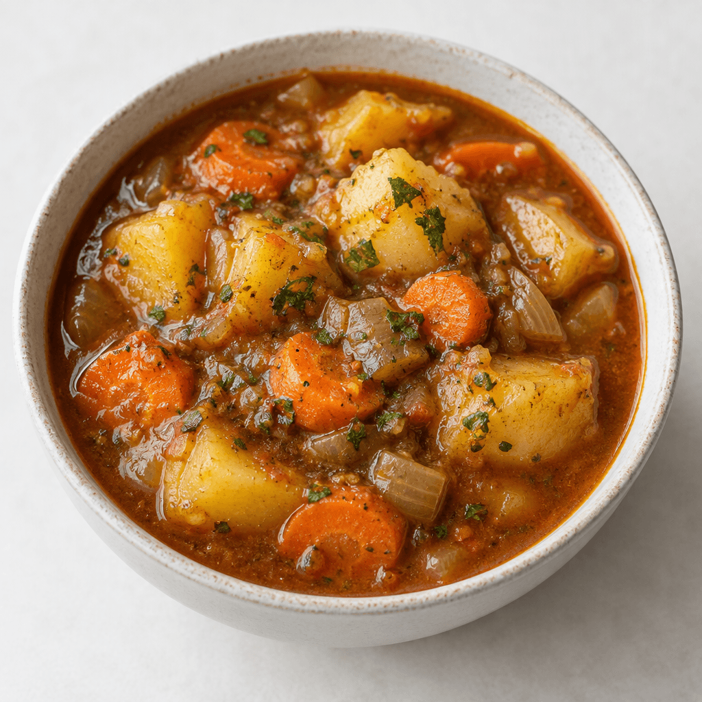 A bowl of thick, reddish-brown potato stew with chunky irregular pieces of pale yellow potato, visible orange carrot slices and soft translucent onion, lightly speckled with green herbs.