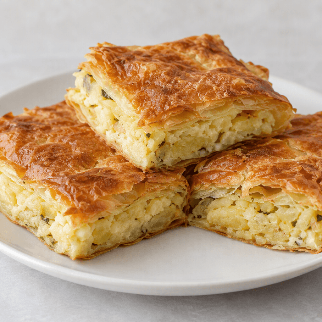 Golden-brown savory pastry pieces with crisp, flaky layers and a soft pale-yellow mashed-potato filling visible in the cut edges, arranged on a plain serving plate.
