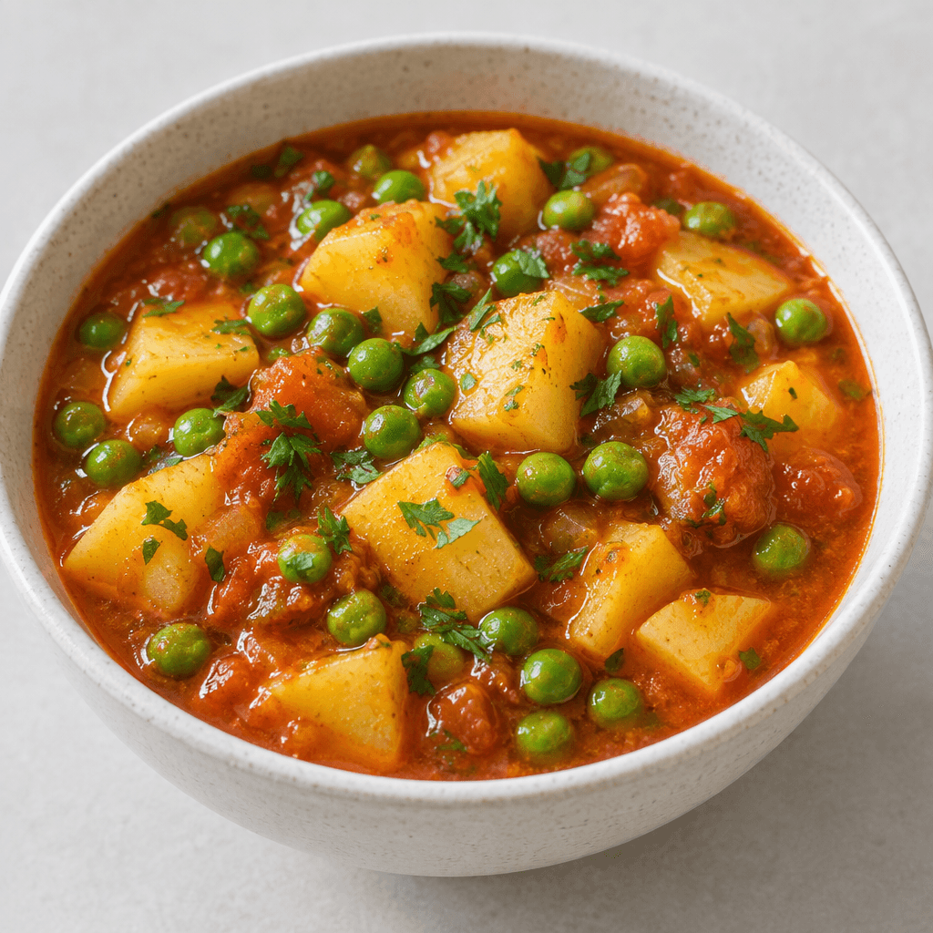 A bowl of chunky potato cubes and bright green peas sits in a thick, glossy red-orange tomato broth, with the ingredients visibly nestled together and a few green herbs scattered on top.