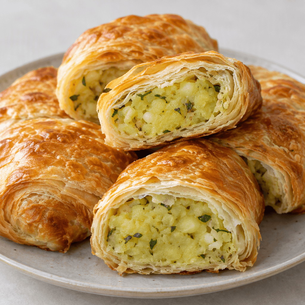 Golden-brown, flaky pastry rolls are sliced to reveal a soft pale-yellow potato filling speckled with small green herb pieces, arranged closely on a serving plate.