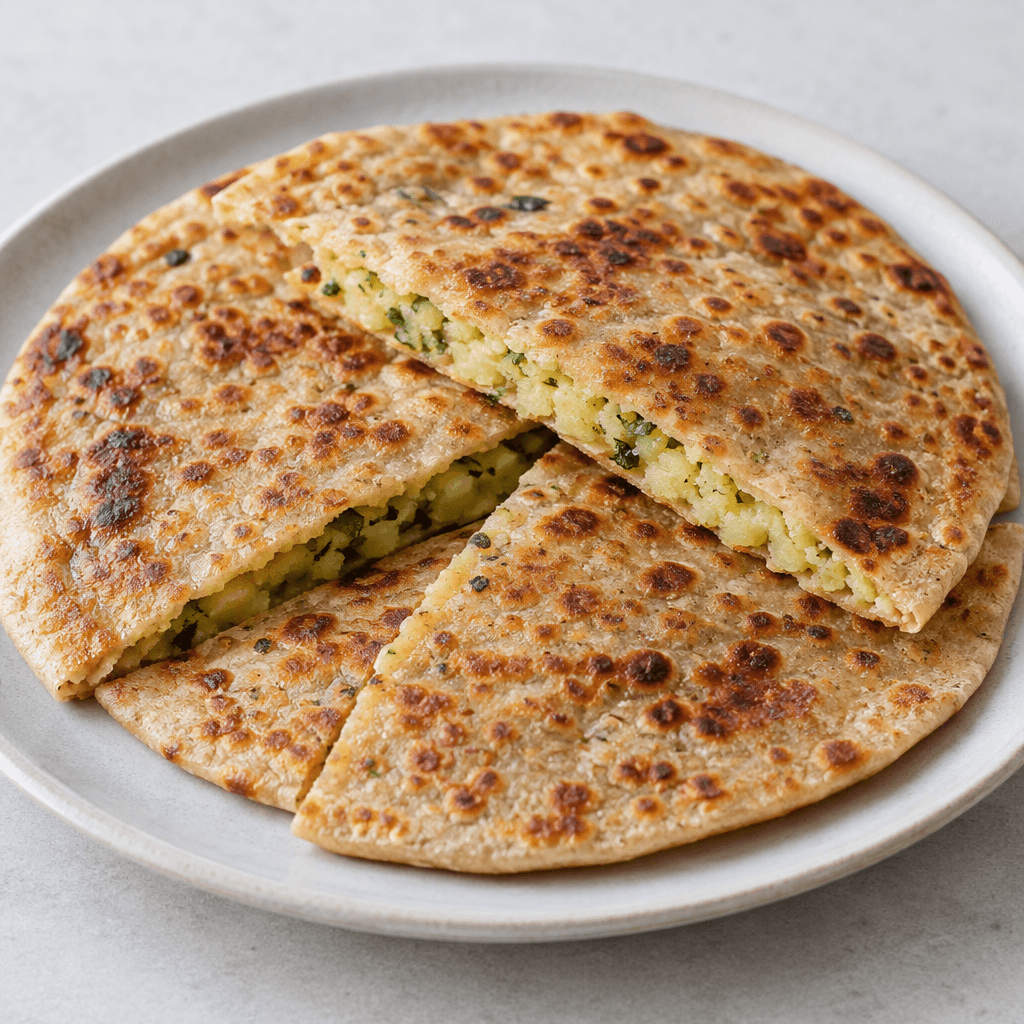 A thin, folded flatbread with a golden-brown, blistered surface and darker toasted spots, cut into wedges to reveal a soft pale-yellow potato filling with small green herb flecks, served on a plate.