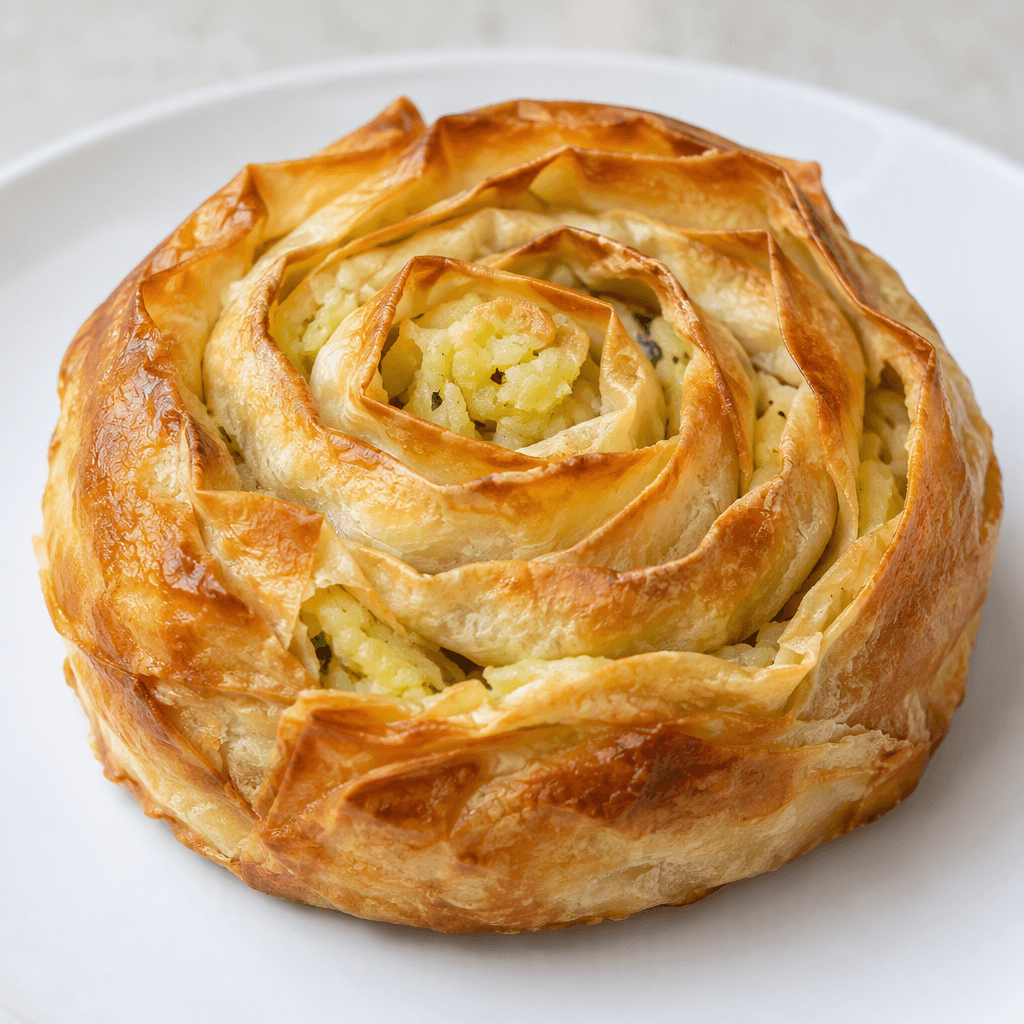 İnce yufka katlarının açık sarı patates ezmesi harcının etrafına sarılmasıyla oluşan, gül biçimli ve kıvrımlı tek bir börek; dışı altın kahverengi, kenarları gevrek ve katları pul pul görünür, sade beyaz bir tabakta servis edilir.