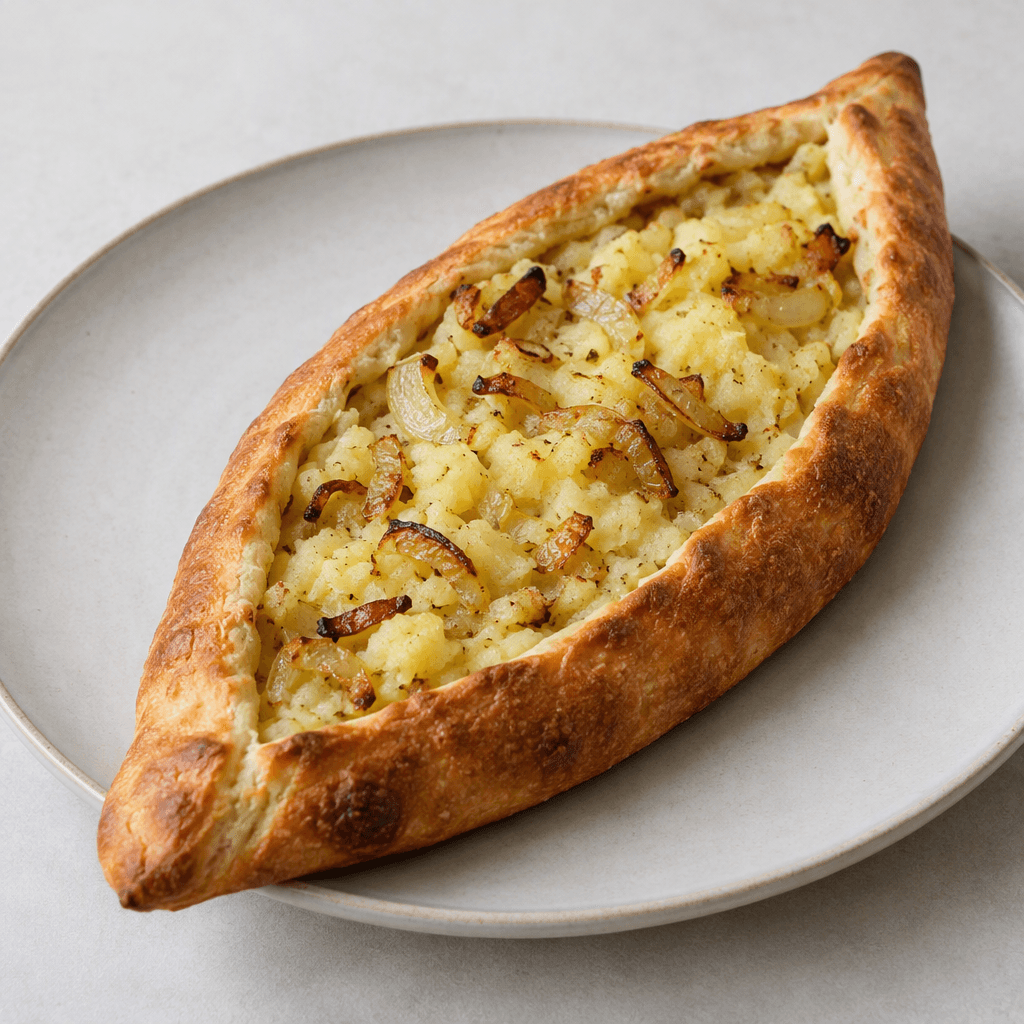 A long, boat-shaped flatbread with a thick golden-brown crust, filled with a rustic layer of pale yellow mashed potato and scattered browned onion pieces, served directly on a plate.