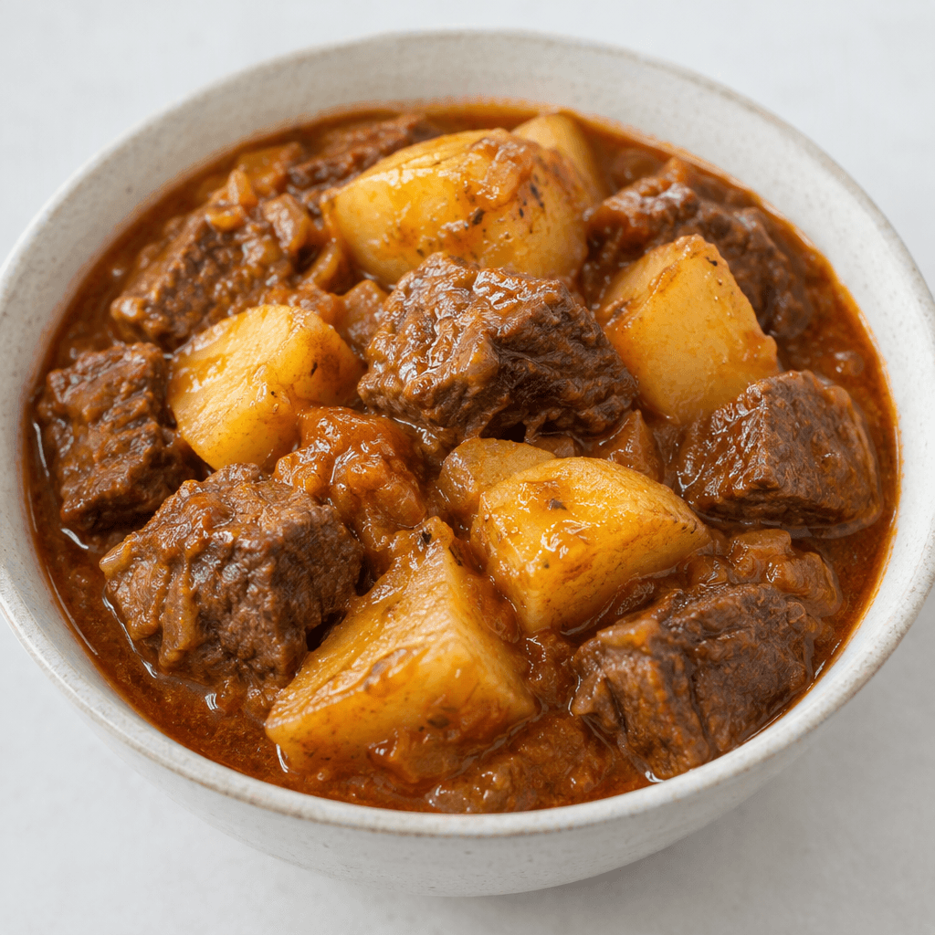 A bowl of tender-looking browned meat cubes and chunky pale-golden potato pieces sits in a thick reddish-brown stew, with glossy sauce coating the irregular pieces and pooling between them.