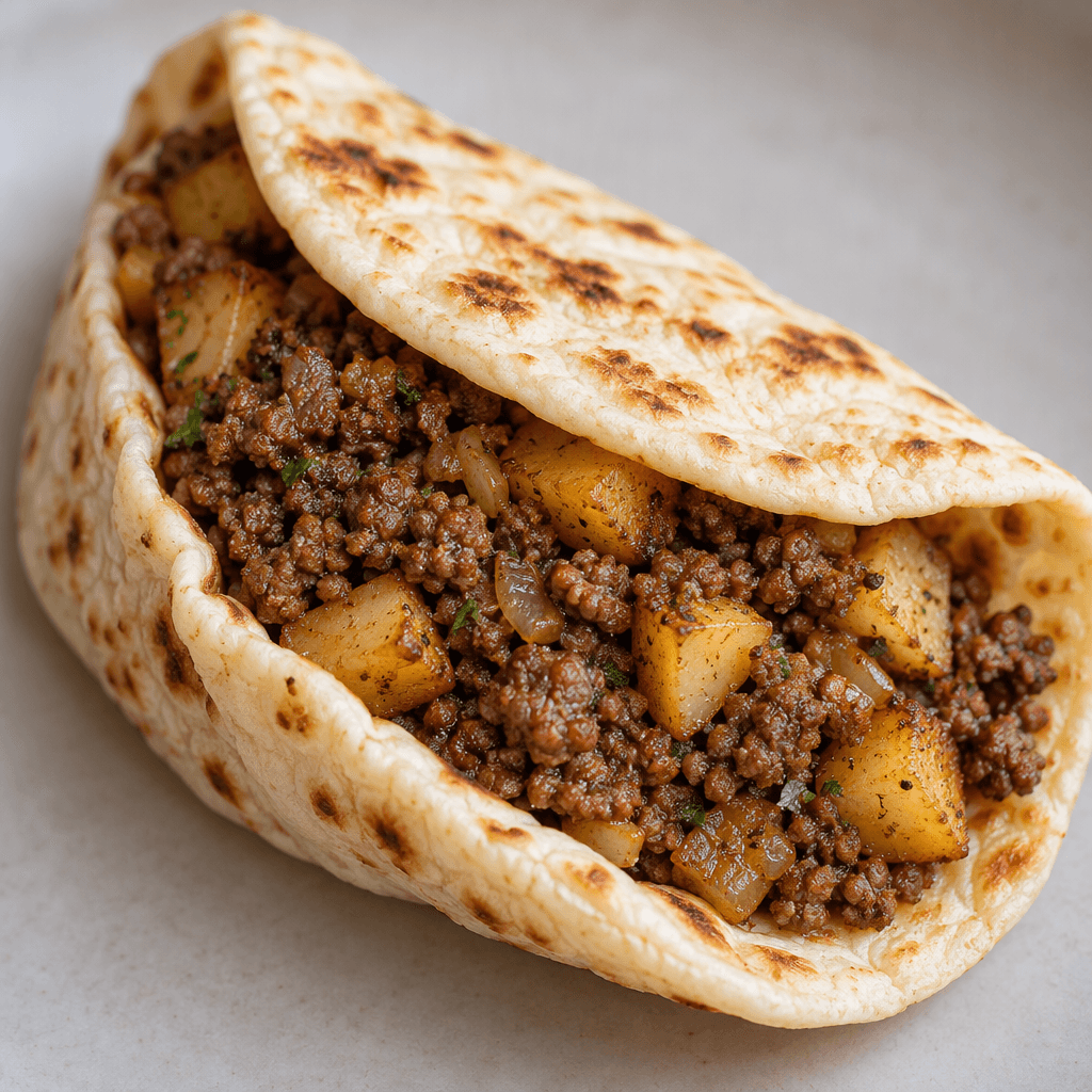 A soft, pale flatbread is folded around a coarse filling of browned ground beef and small golden potato pieces, with the filling visible along the open edge.