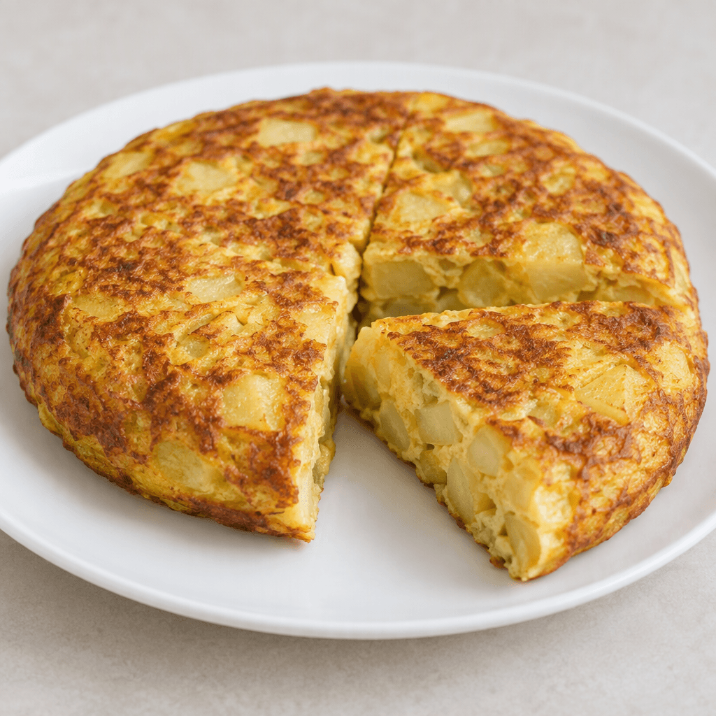 A thick, round golden-yellow omelette with browned edges and visible small chunks of pale potato throughout, served in wedges on a white plate.