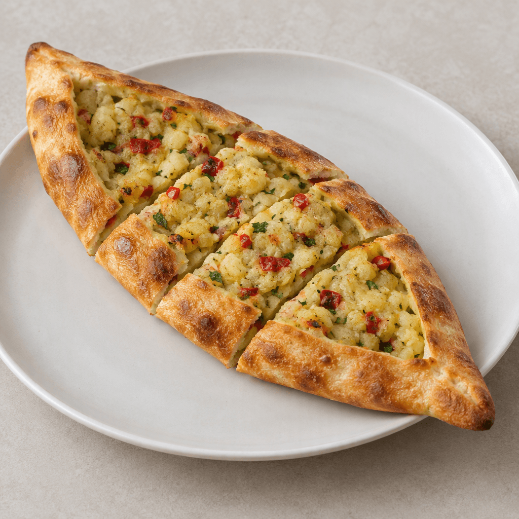 An elongated boat-shaped flatbread with a golden-brown, lightly blistered crust, filled with a visible layer of chunky mashed potato flecked with red pepper and herbs, and served sliced on a plain plate.