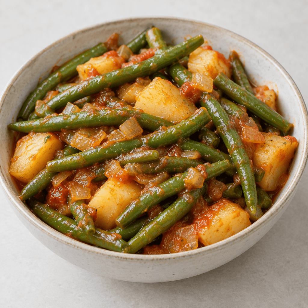 Whole green beans and irregular chunks of potato are visible in a shallow serving dish, coated in a thin reddish-orange tomato sauce with small pieces of onion, the beans glossy and intact while the potatoes look soft and pale beneath the sauce.