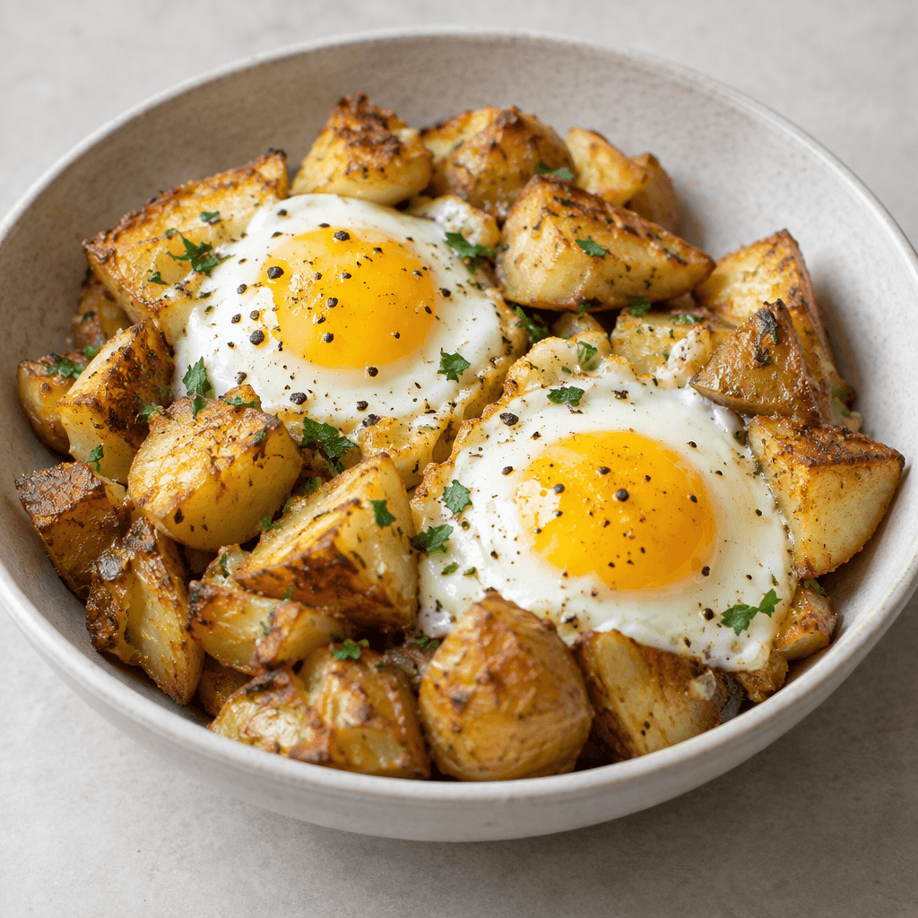 Irregular golden potato chunks are topped with set eggs, showing firm whites and bright yellow yolks in a shallow serving dish.