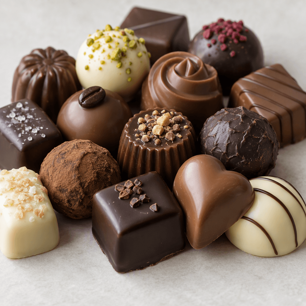 An assortment of small chocolates in varied shapes and sizes, with dark, milk, and white chocolate surfaces and a mix of smooth, glossy, and lightly textured finishes.