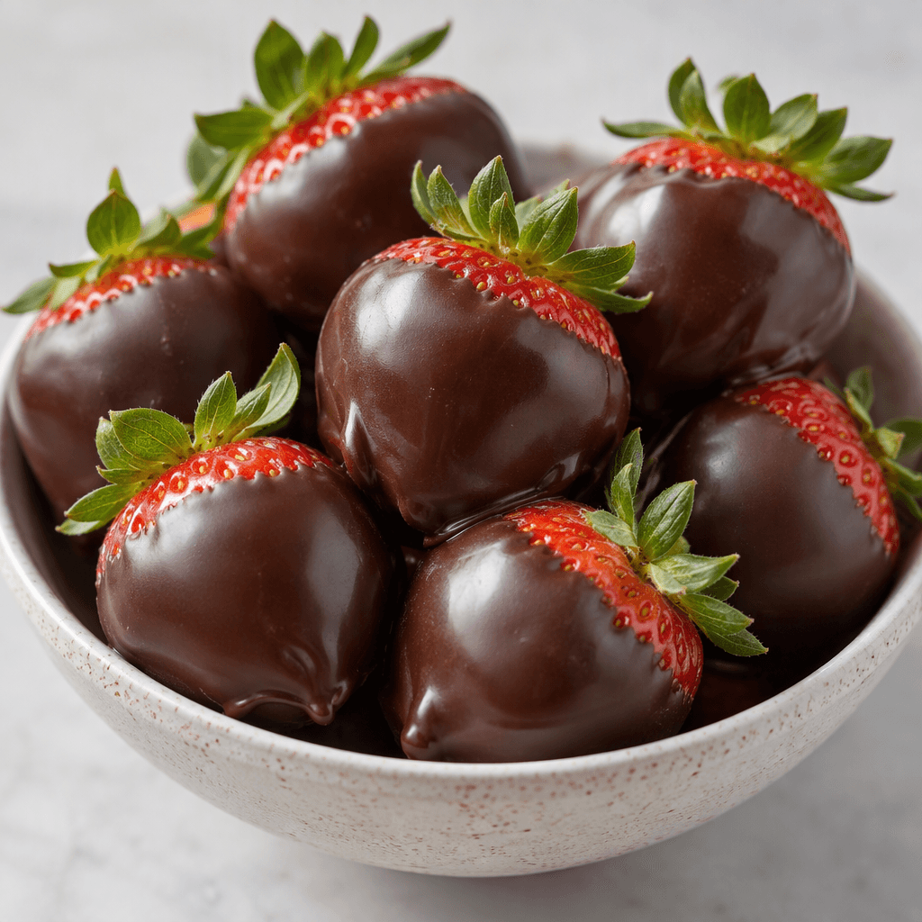 Small, rounded strawberries are coated in smooth, glossy dark chocolate, with a little red fruit visible at the edges and green leafy tops.