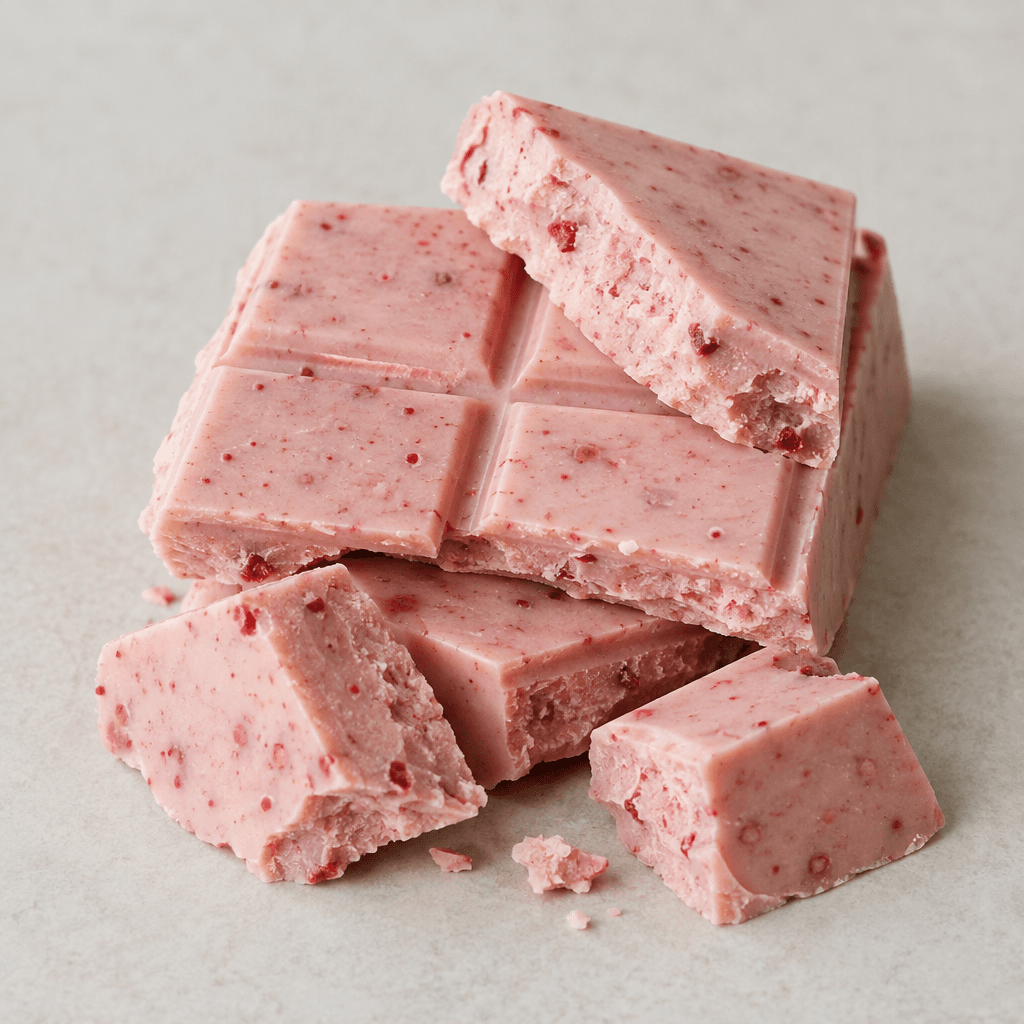 A rectangular bar of pale pink chocolate is broken into chunky pieces, with small red strawberry flecks visible across its smooth surface.