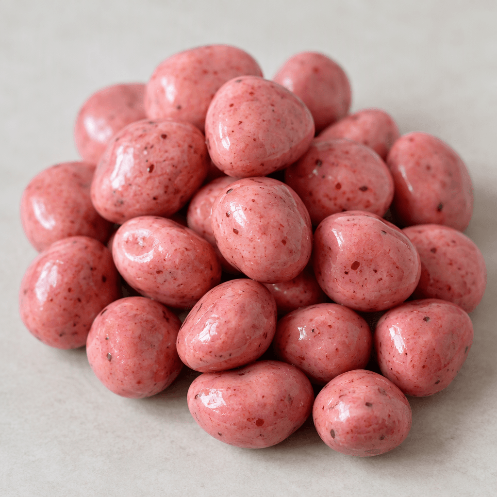 Small, round to slightly irregular strawberry dragees with a smooth, glossy rose-pink coating and a few darker flecks, loosely piled together.