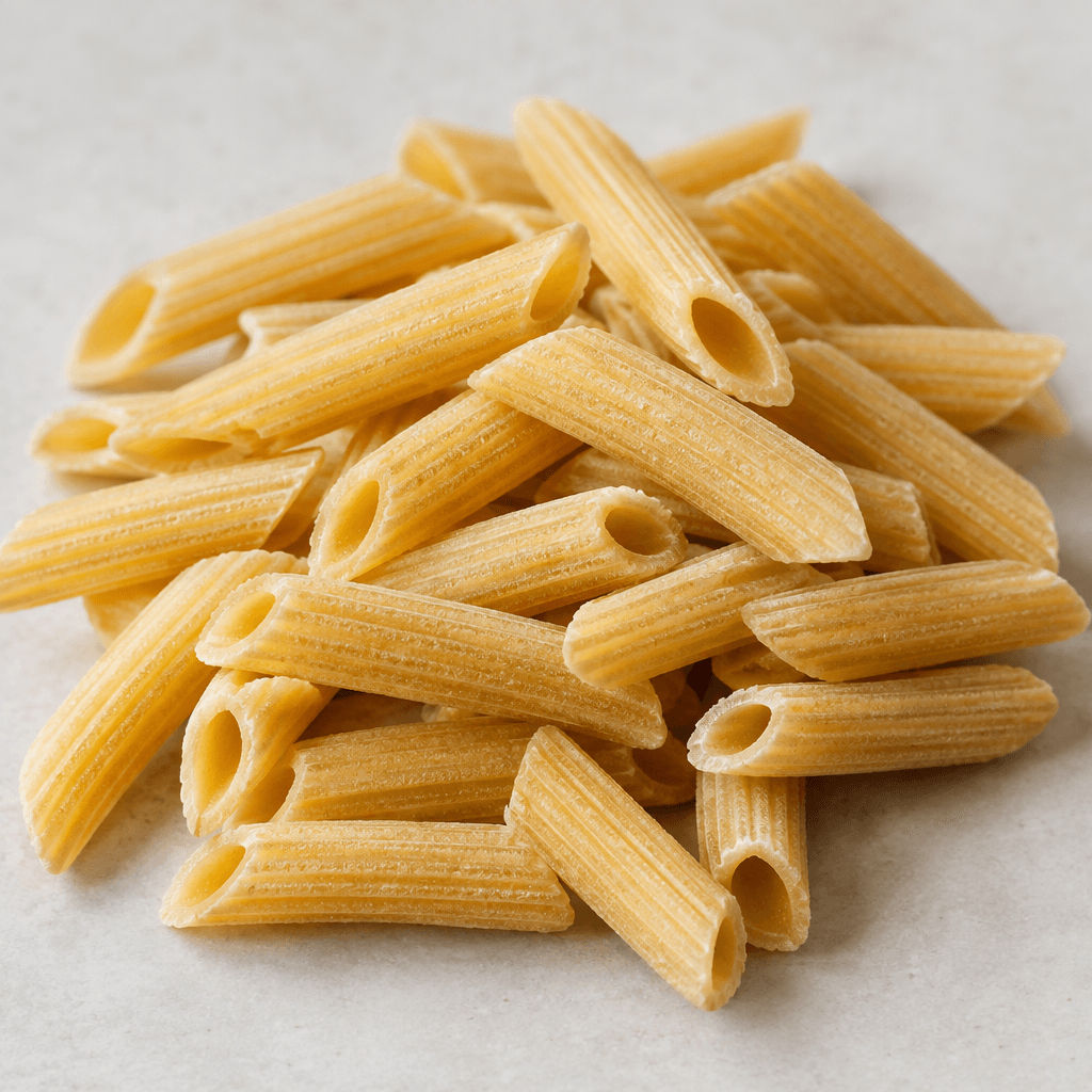 Pale golden, dry pasta pieces with a firm, slightly rough surface are scattered in a small pile.