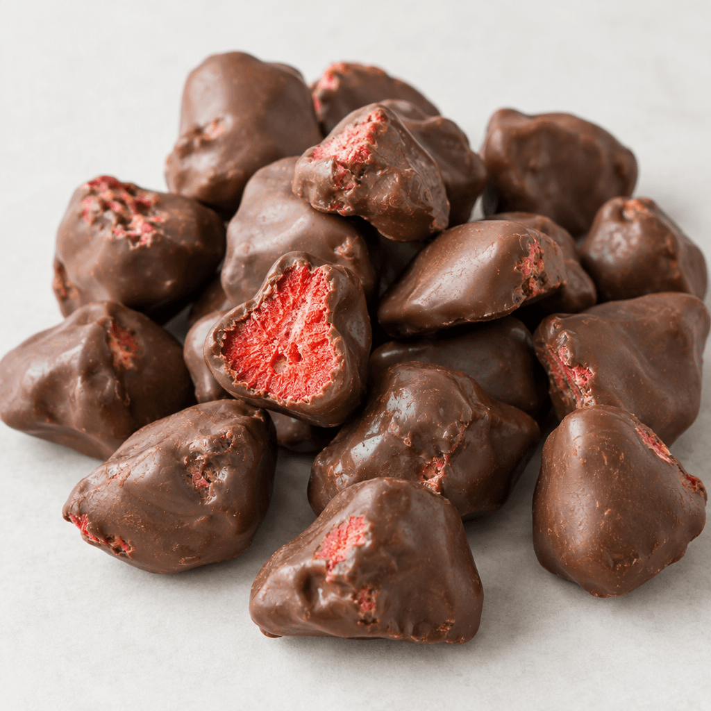 Irregular, bite-sized dried strawberries coated in smooth brown chocolate, with occasional red strawberry showing through the coating, are scattered on a plain surface.