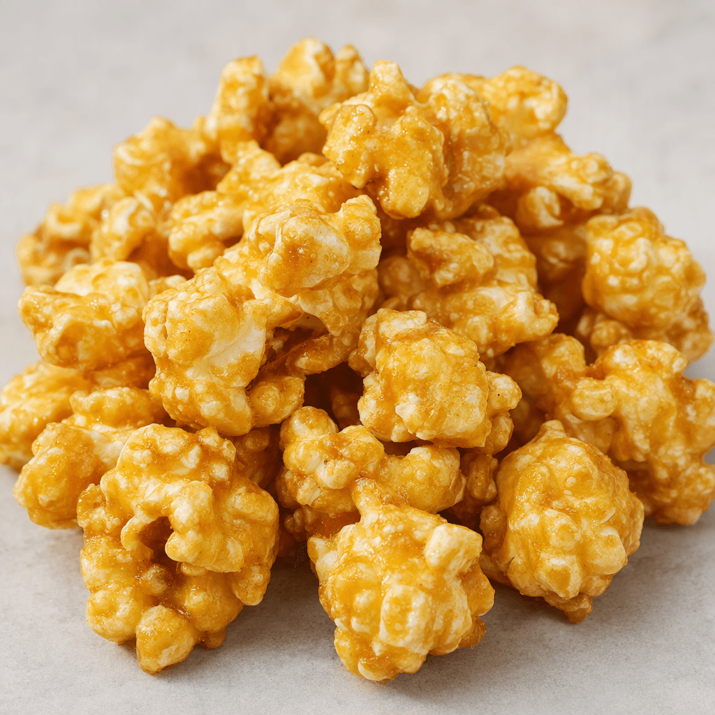 Irregular popcorn pieces are gathered in a loose cluster, their crinkled surfaces covered in a glossy golden-brown coating.