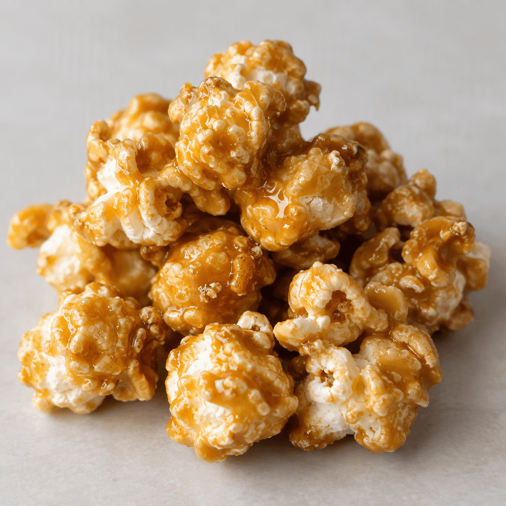 Irregular, airy popcorn pieces are coated in a shiny golden-brown caramel layer, with a few pieces clustered together.